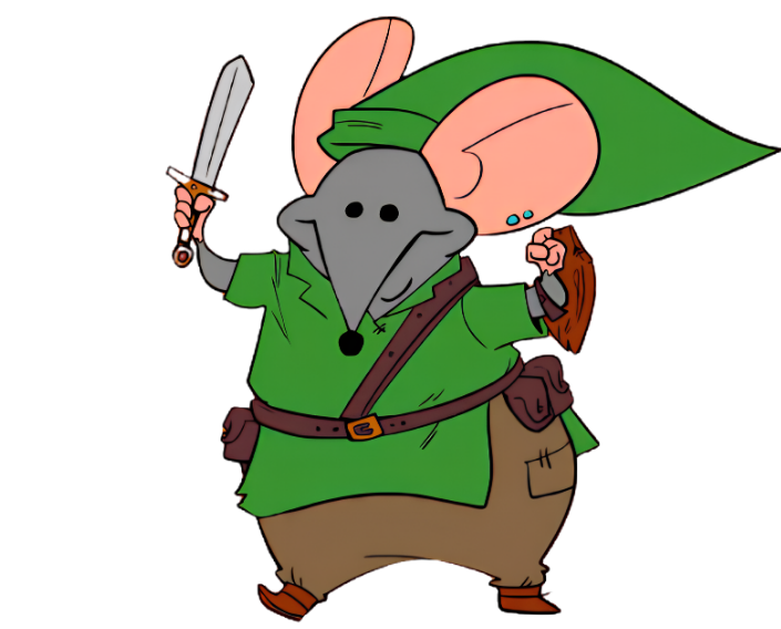 Ximb the mouse cosplaying as a green-hatted forest hero with a sword and shield
